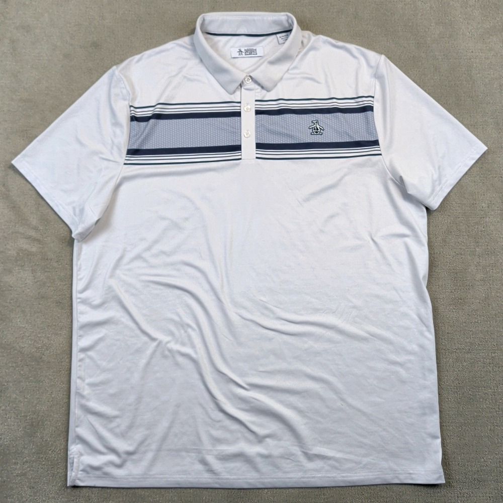 Original Penguin Polo Shirt Mens XL White Striped Golf Munsingwear Performance